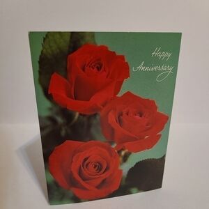𝅺VINTAGE Green Background Red Roses Happy Anniversary Card